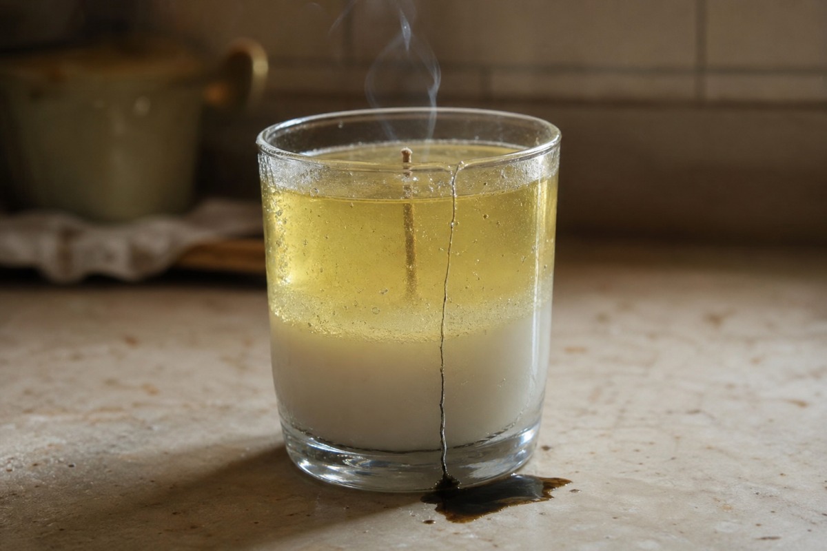 Plāna stikla glāze ar divslāņu gēla limonādes sveci, kurai no apakšas līdz malai stiepjas gara plaisa, un eļļas peļķi uz galda virsmas