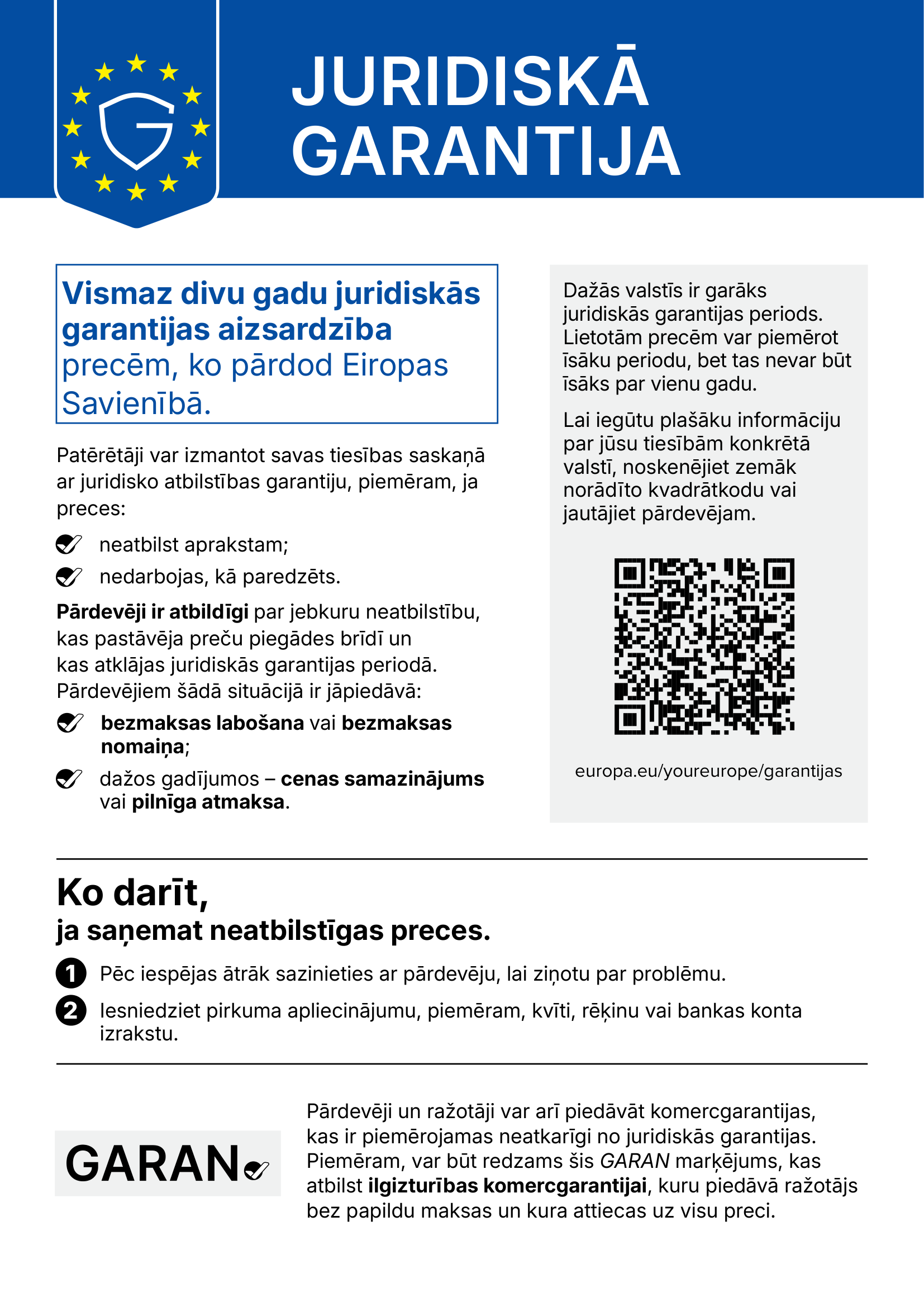 Paziņojums par likumisko divu gadu atbilstības garantiju ES